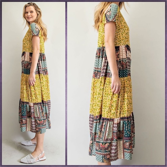 EASEL "Pretty Days" Cottagecore Mix Print Free Flow & Relaxed Pleated Maxi Dress - Picture 4 of 16